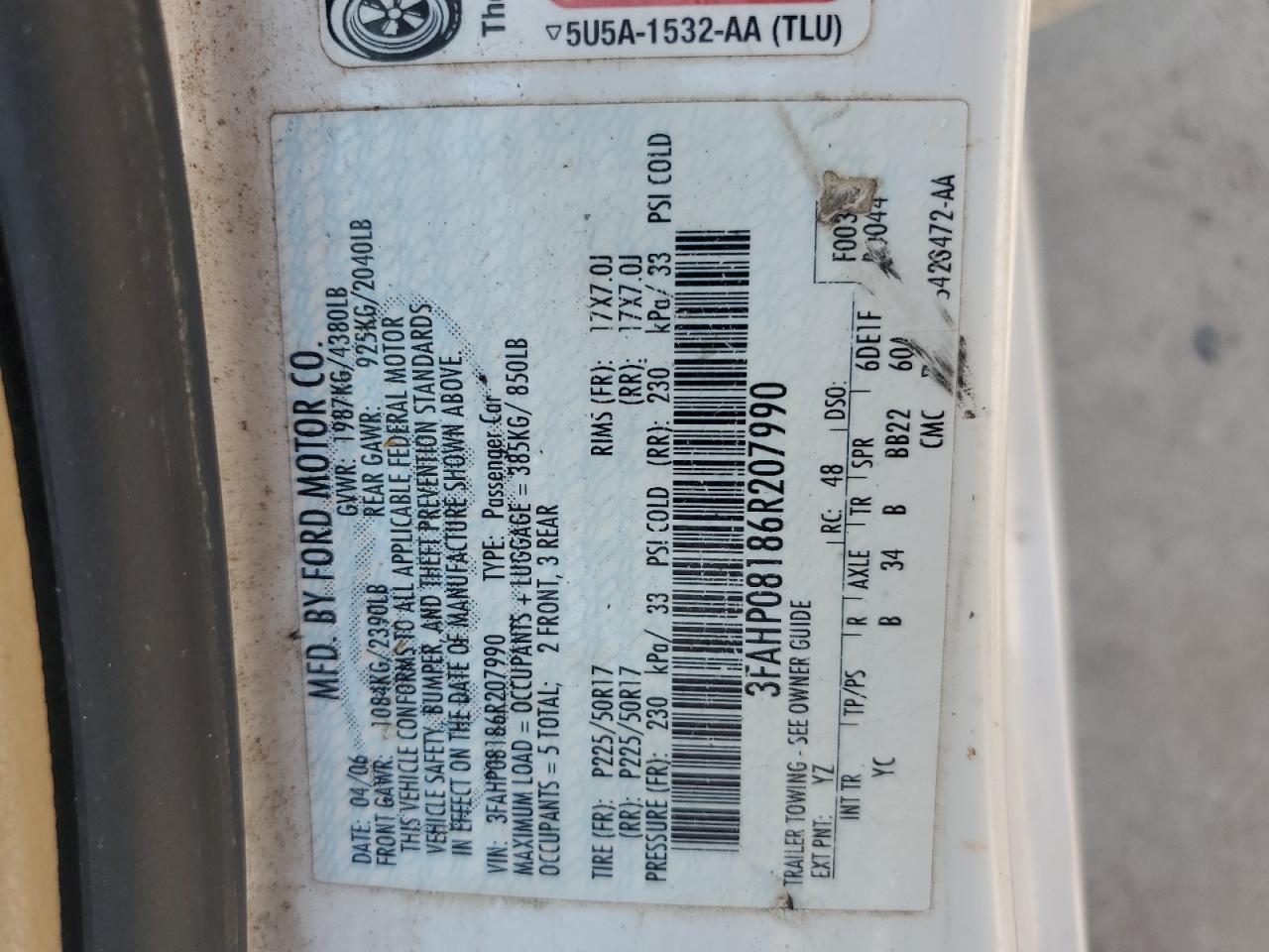 2006 Ford Fusion Sel VIN: 3FAHP08186R207990 Lot: 67600965