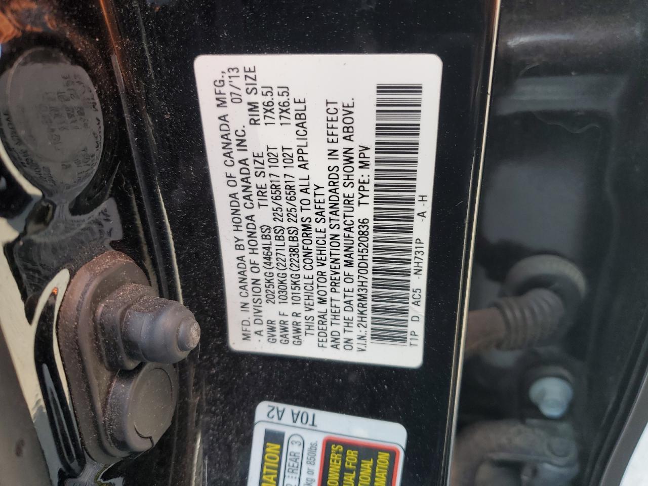 2013 Honda Cr-V Exl VIN: 2HKRM3H70DH520836 Lot: 68681985