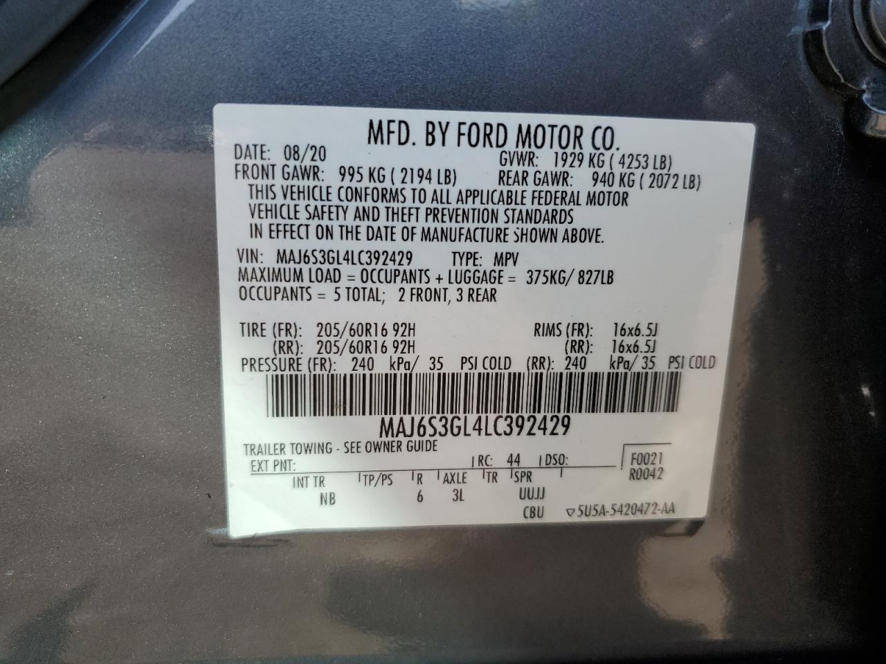 2020 Ford Ecosport Se VIN: MAJ6S3GL4LC392429 Lot: 67286375