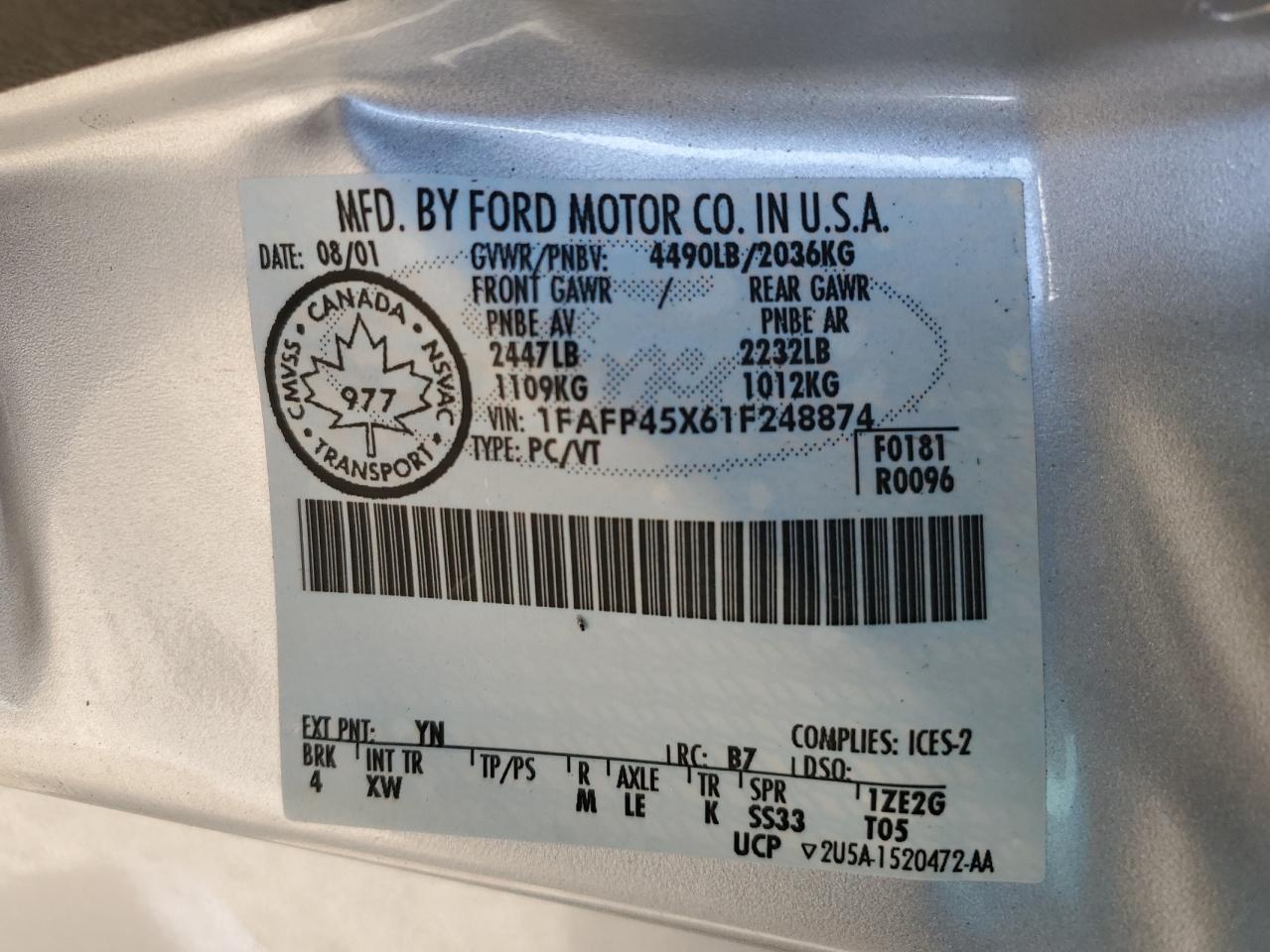 2001 Ford Mustang Gt VIN: 1FAFP45X61F248874 Lot: 68766495