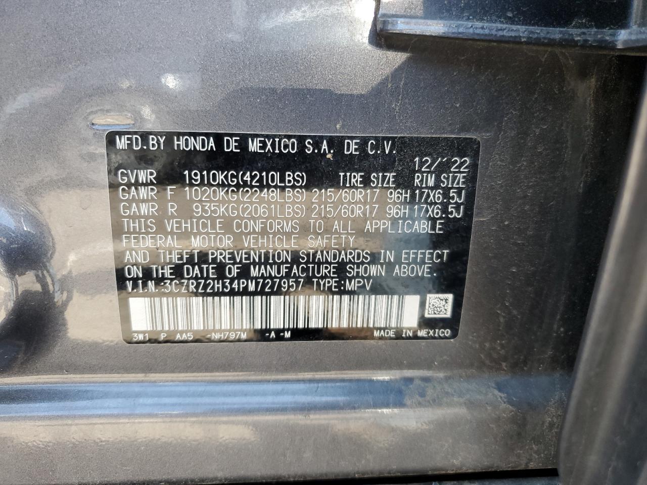 2023 Honda Hr-V Lx VIN: 3CZRZ2H34PM727957 Lot: 70054885