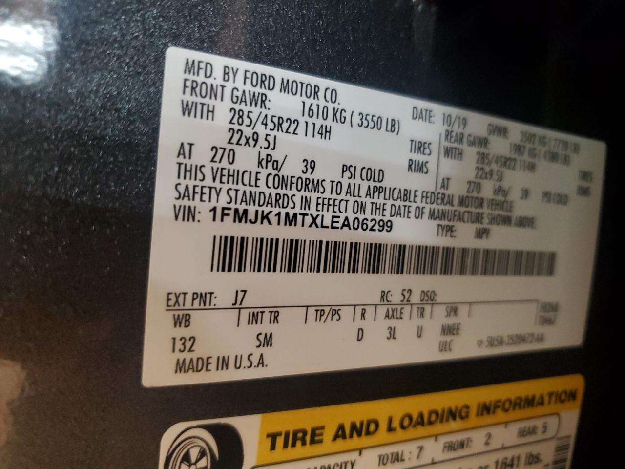 2020 Ford Expedition Max Platinum VIN: 1FMJK1MTXLEA06299 Lot: 69574505