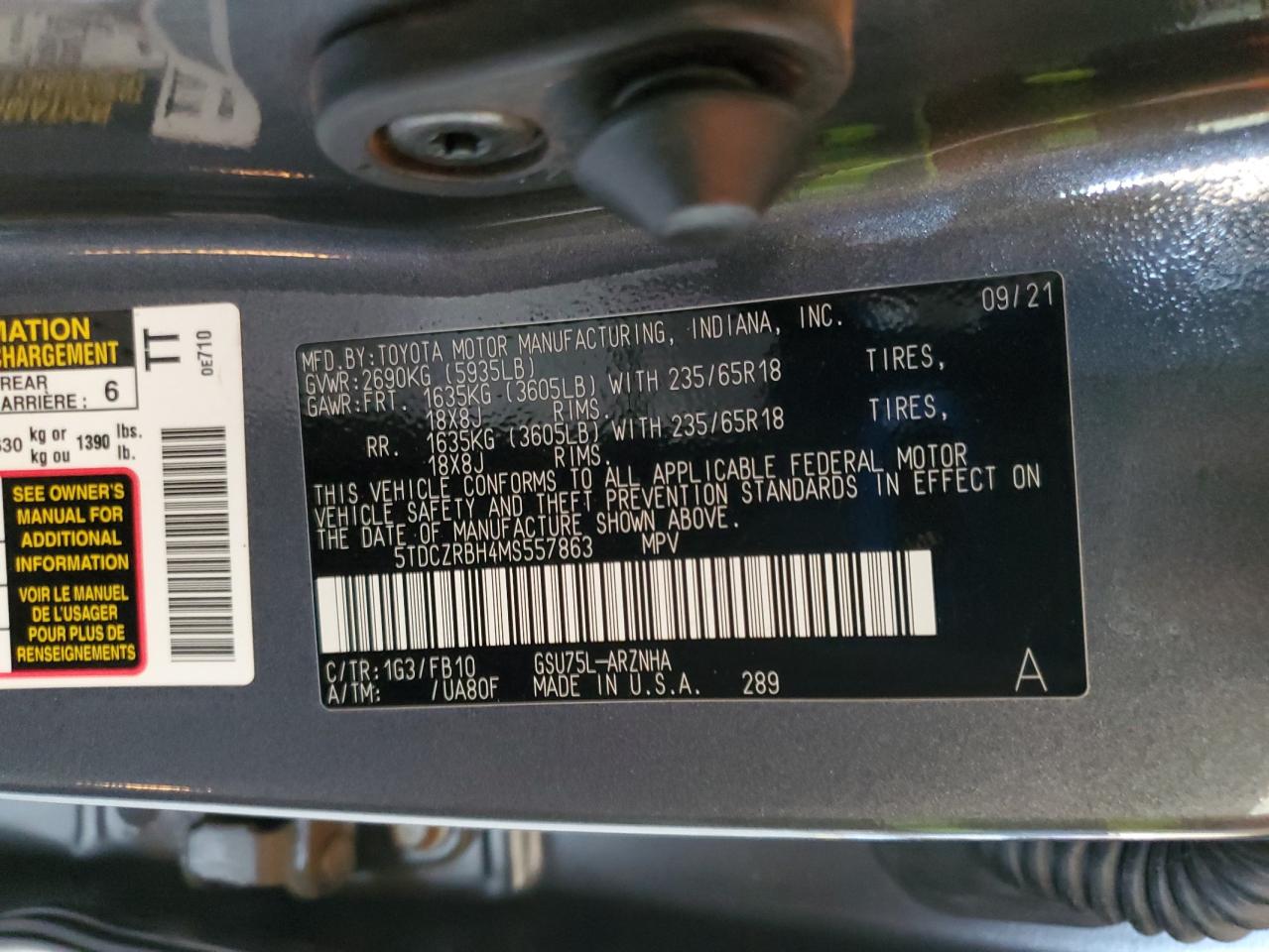 2021 Toyota Highlander L VIN: 5TDCZRBH4MS557863 Lot: 70230345