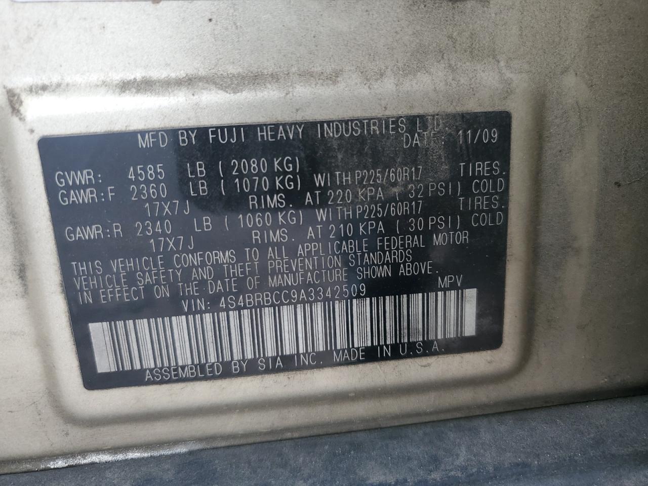 2010 Subaru Outback 2.5I Premium VIN: 4S4BRBCC9A3342509 Lot: 69431895