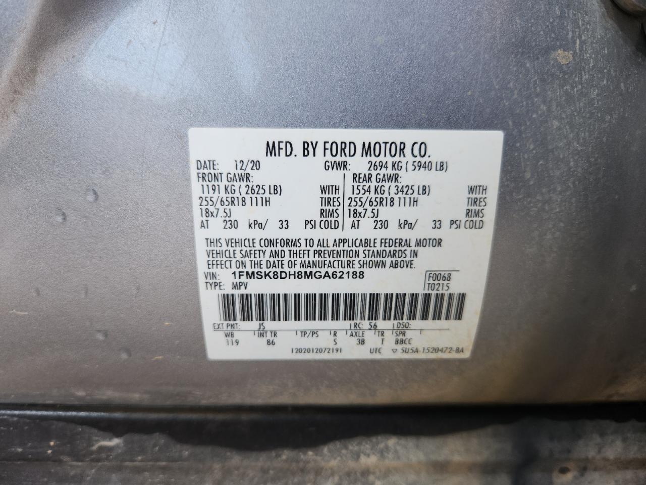 2021 Ford Explorer Xlt VIN: 1FMSK8DH8MGA62188 Lot: 70117585