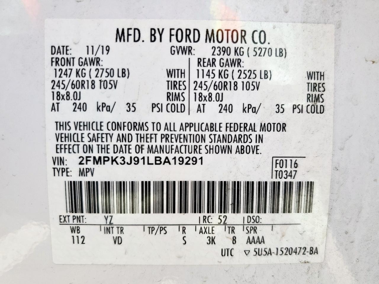 2020 Ford Edge Sel VIN: 2FMPK3J91LBA19291 Lot: 70986465