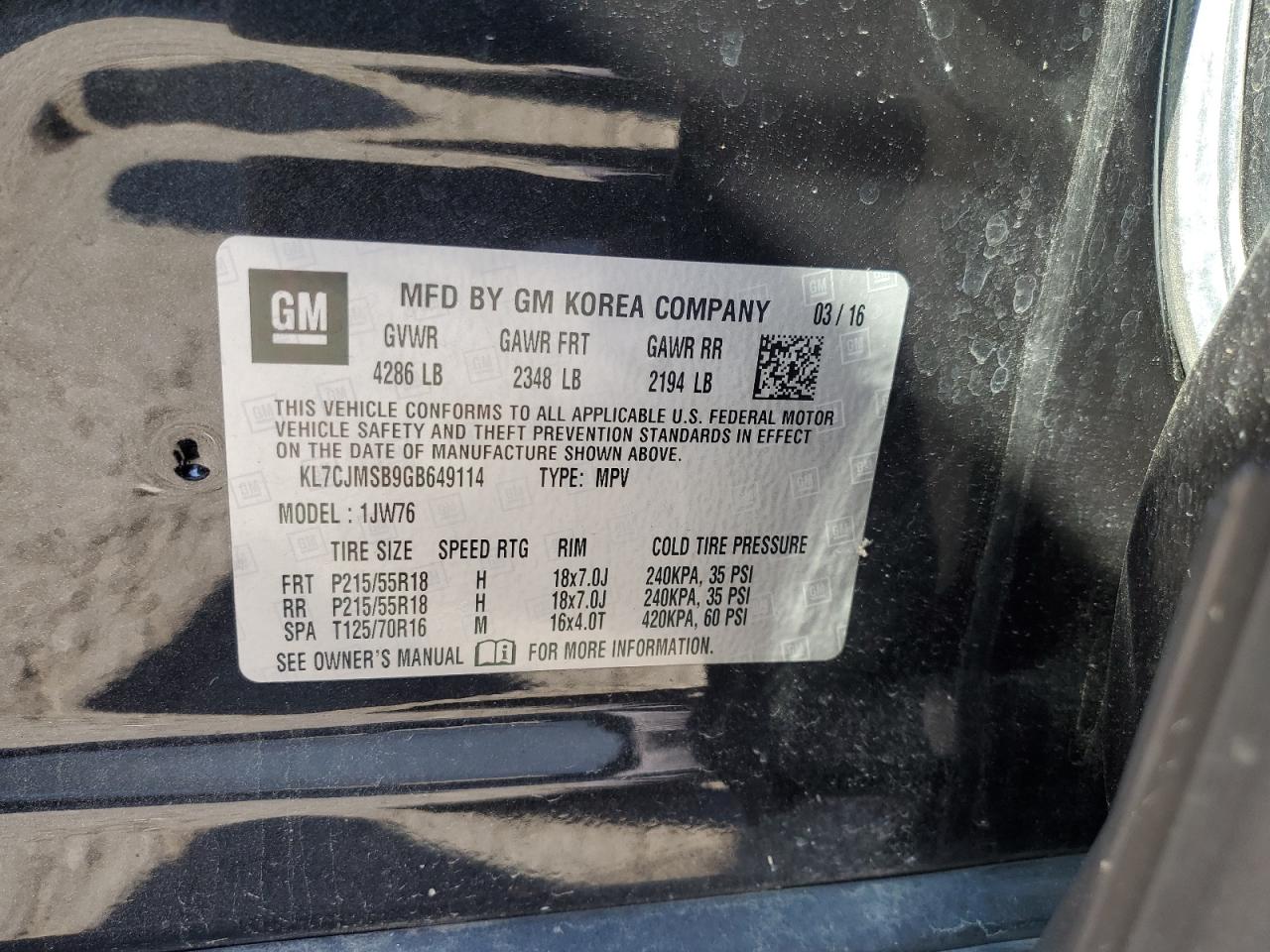 2016 Chevrolet Trax Ltz VIN: KL7CJMSB9GB649114 Lot: 70092575