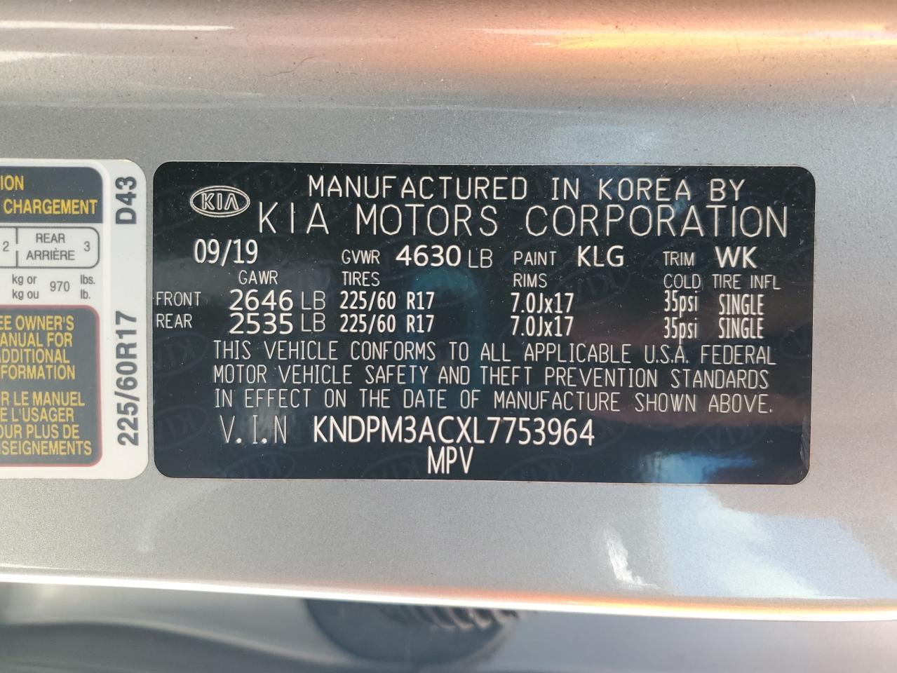 2020 Kia Sportage Lx VIN: KNDPM3ACXL7753964 Lot: 68727495