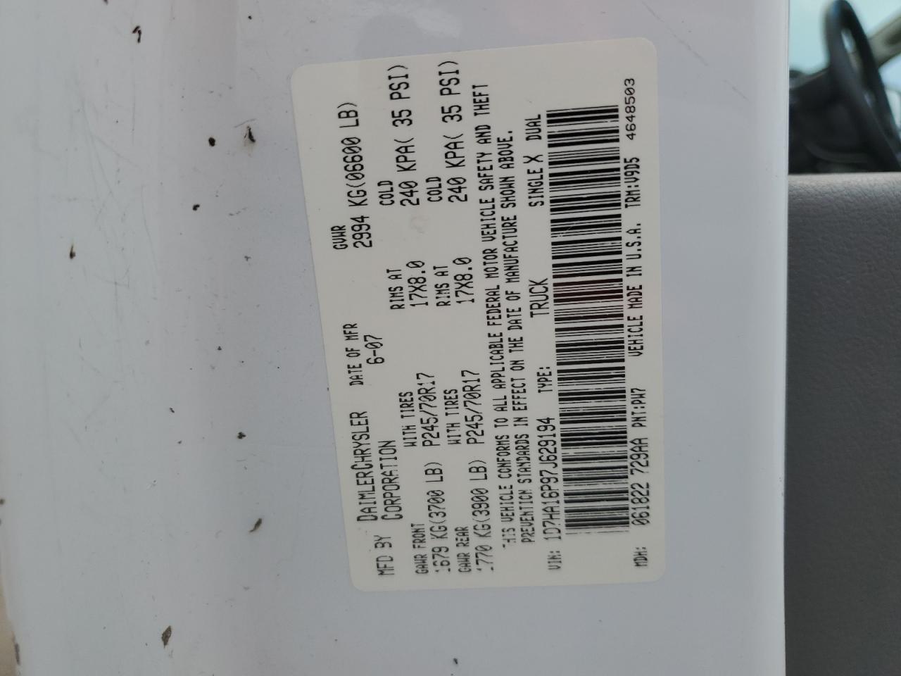 2007 Dodge Ram 1500 St VIN: 1D7HA16P97J629194 Lot: 66653575