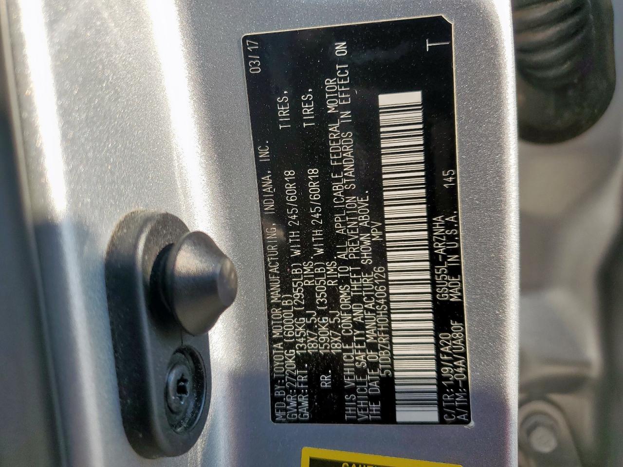 2017 Toyota Highlander Le VIN: 5TDBZRFH0HS406126 Lot: 70126595