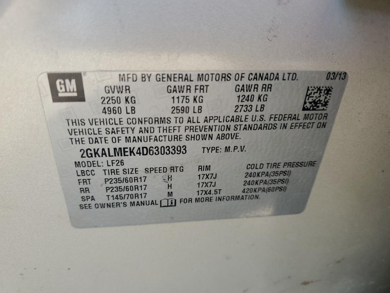 2013 GMC Terrain Sle VIN: 2GKALMEK4D6303393 Lot: 67995865