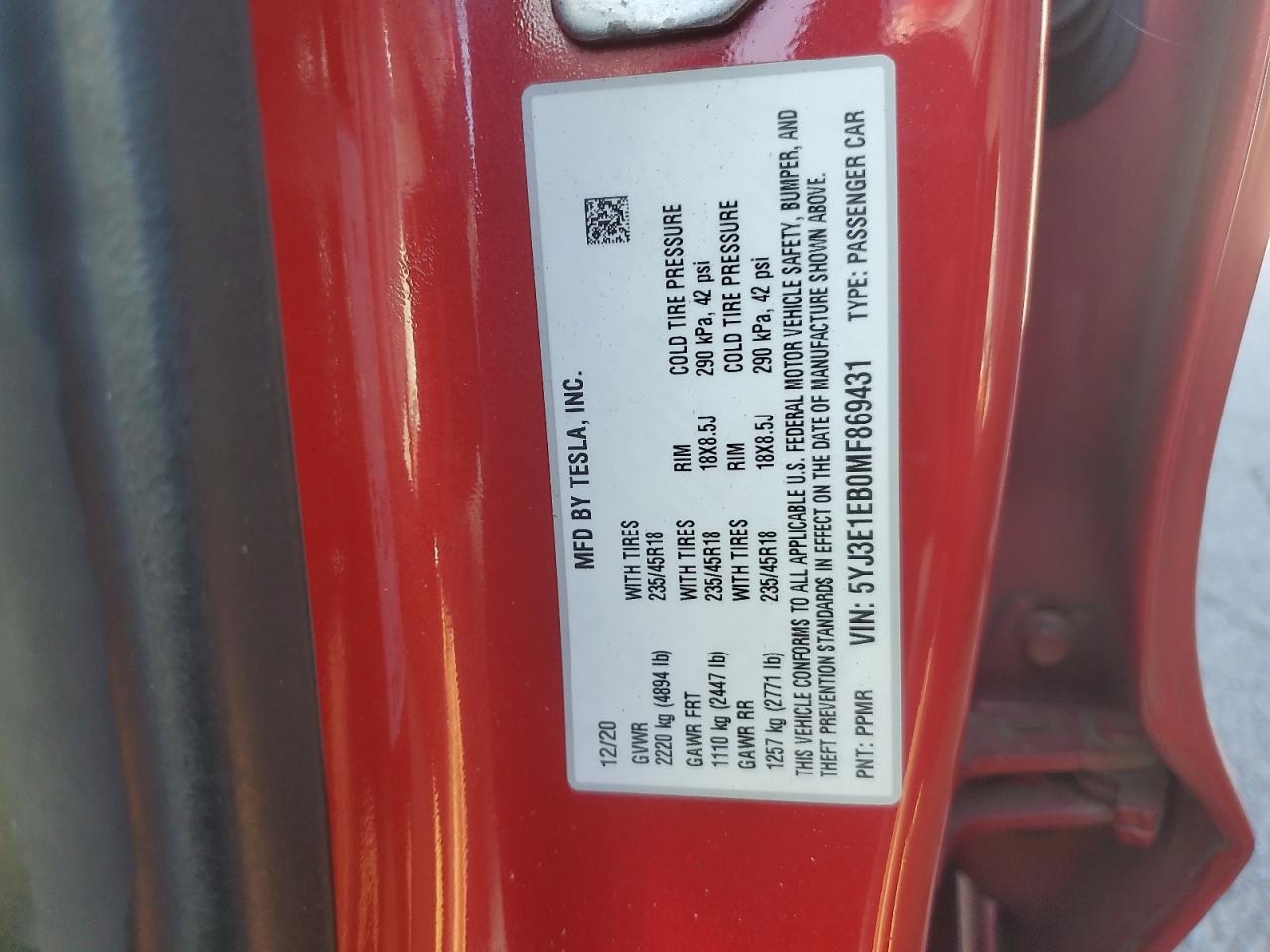 2021 Tesla Model 3 VIN: 5YJ3E1EB0MF869431 Lot: 66856445