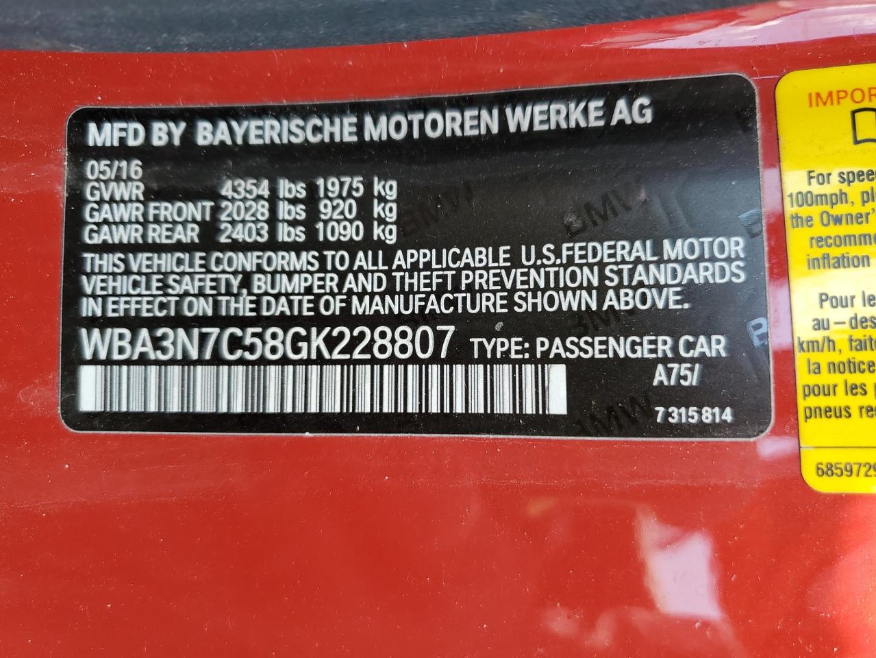 2016 BMW 428 I VIN: WBA3N7C58GK228807 Lot: 68708795