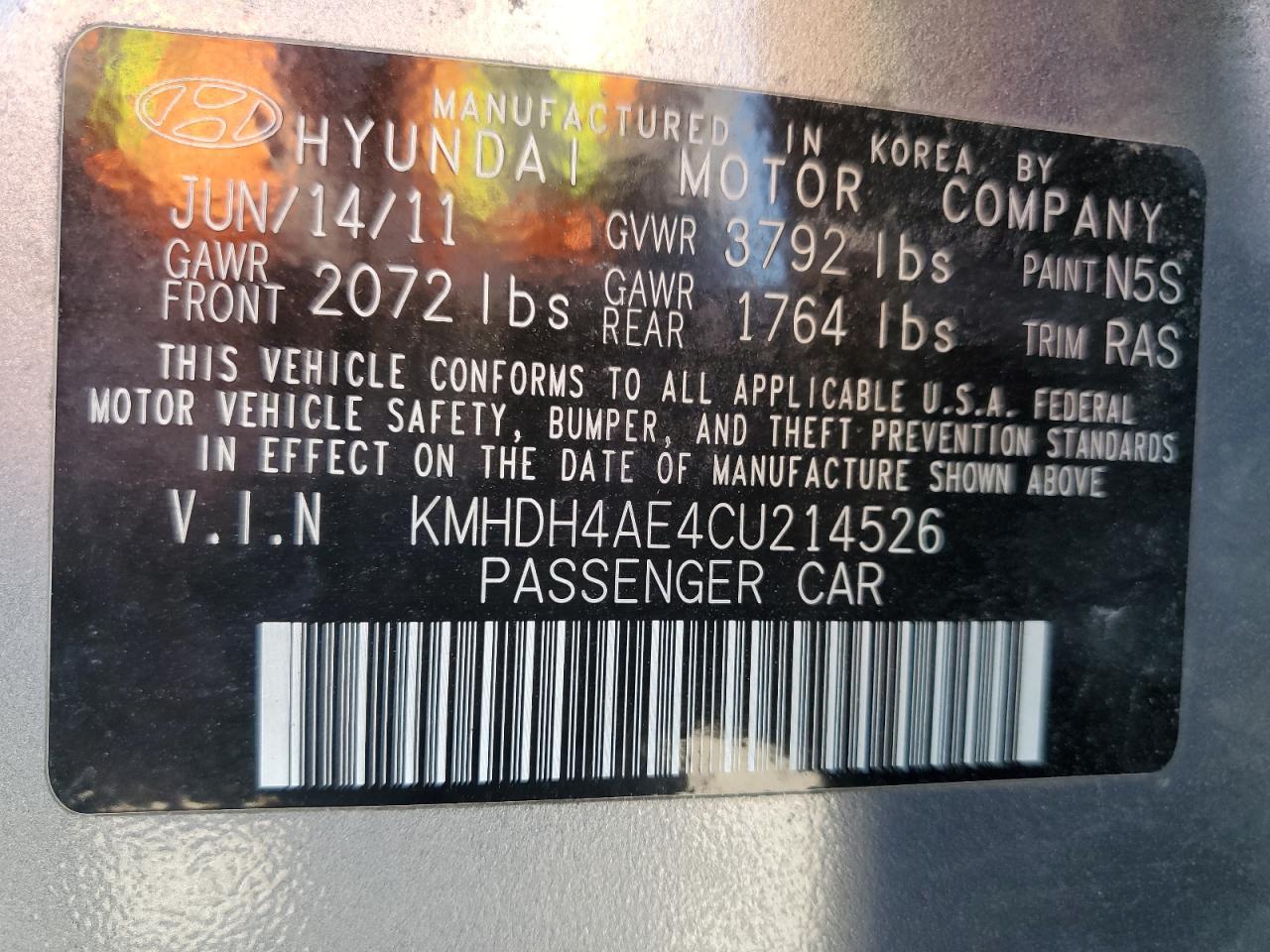 2012 Hyundai Elantra Gls VIN: KMHDH4AE4CU214526 Lot: 67218755
