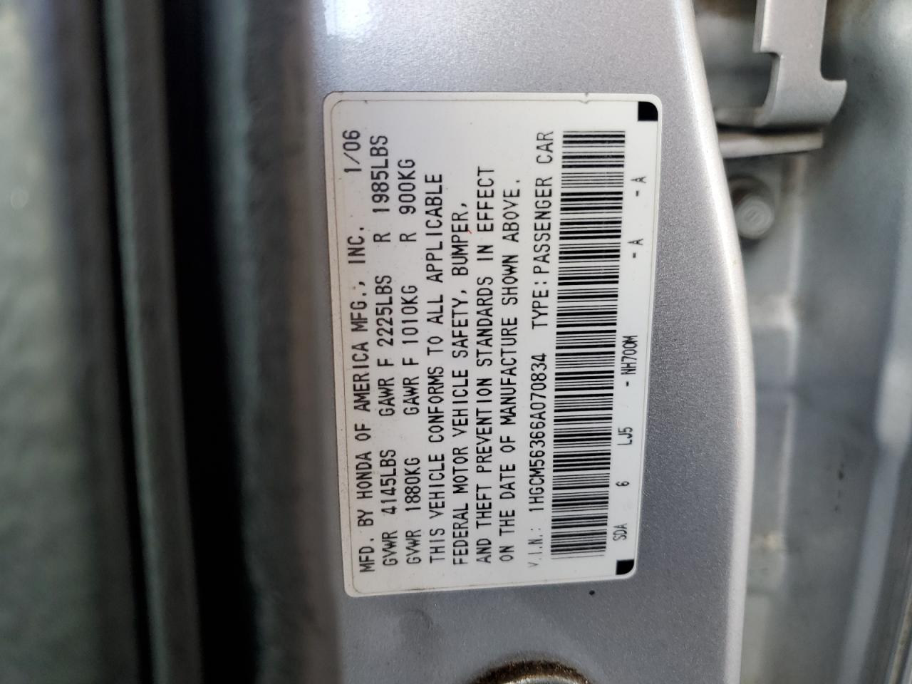 2006 Honda Accord Se VIN: 1HGCM56366A070834 Lot: 68777665