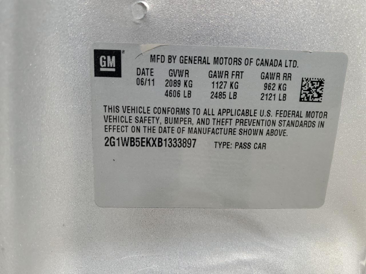 2011 Chevrolet Impala Lt VIN: 2G1WB5EKXB1333897 Lot: 70126975