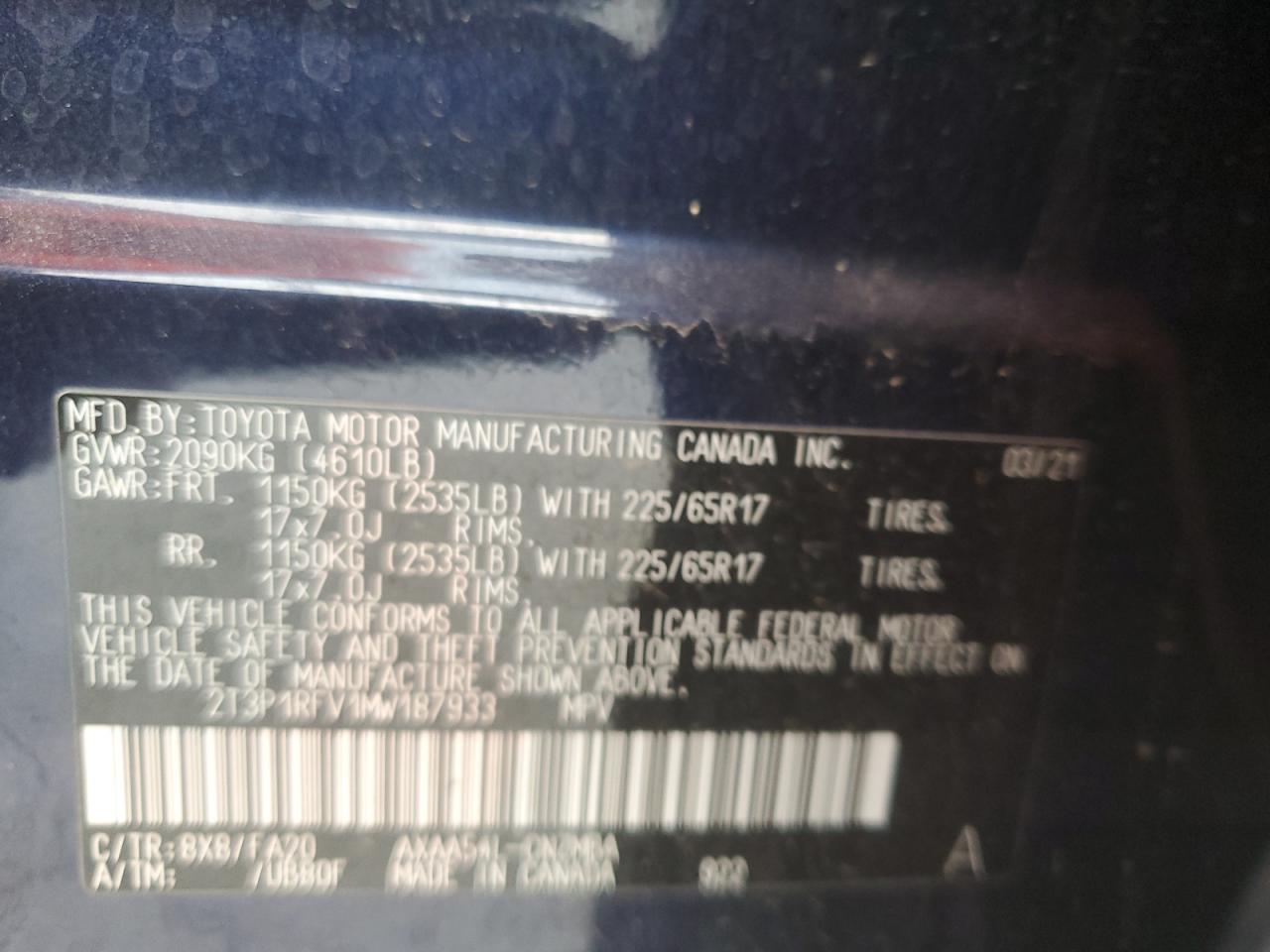 2021 Toyota Rav4 Xle VIN: 2T3P1RFV1MW187933 Lot: 67103555