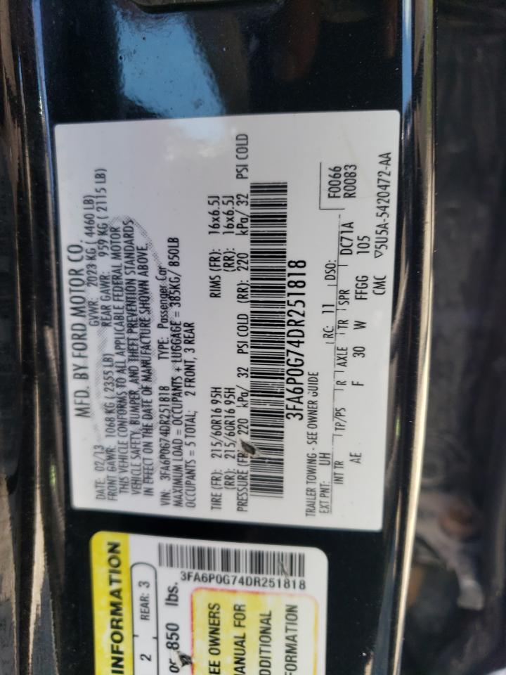 2013 Ford Fusion S VIN: 3FA6P0G74DR251818 Lot: 70057815