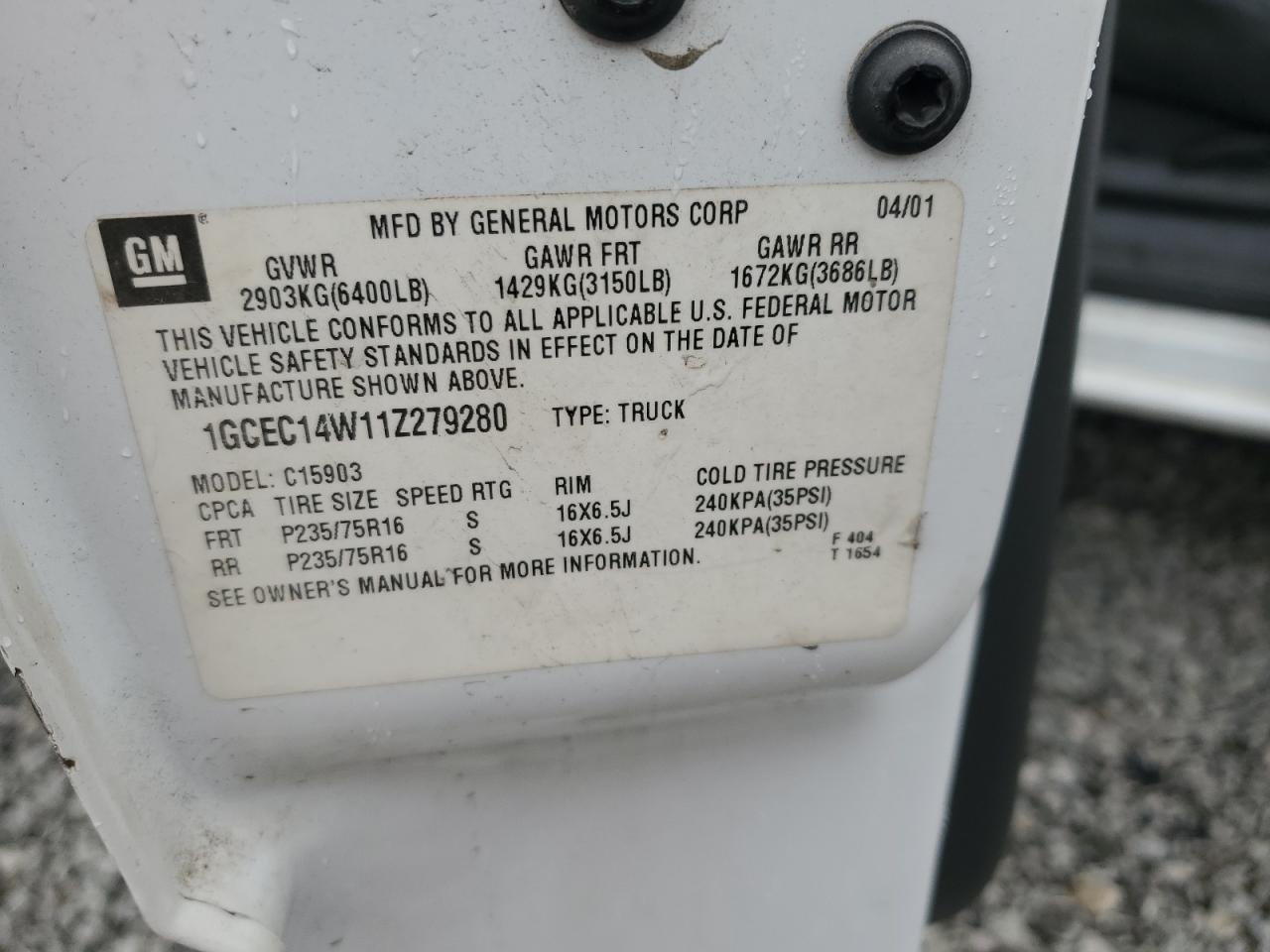 2001 Chevrolet Silverado C1500 VIN: 1GCEC14W11Z279280 Lot: 70419895