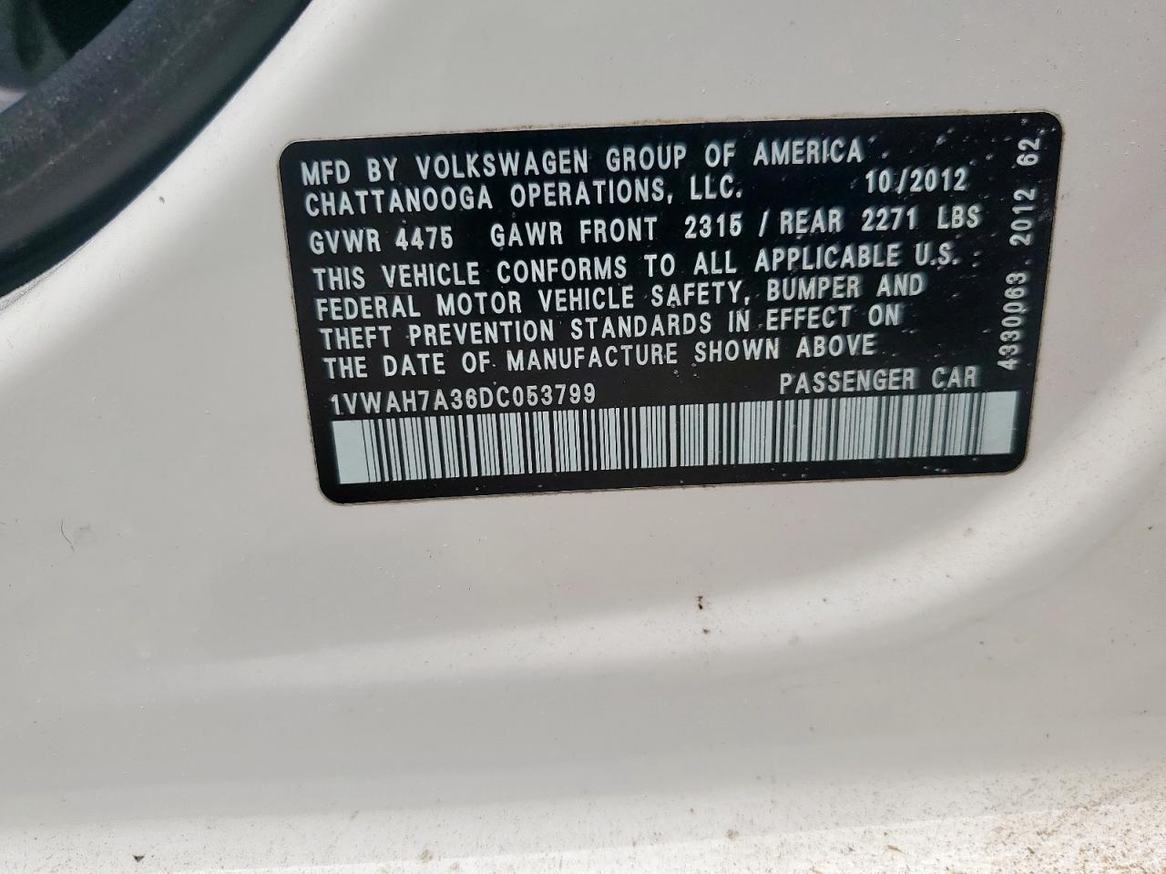 2013 Volkswagen Passat S VIN: 1VWAH7A36DC053799 Lot: 70747405