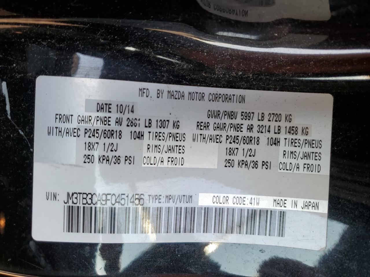 2015 Mazda Cx-9 Touring VIN: JM3TB3CA9F0451456 Lot: 69514595