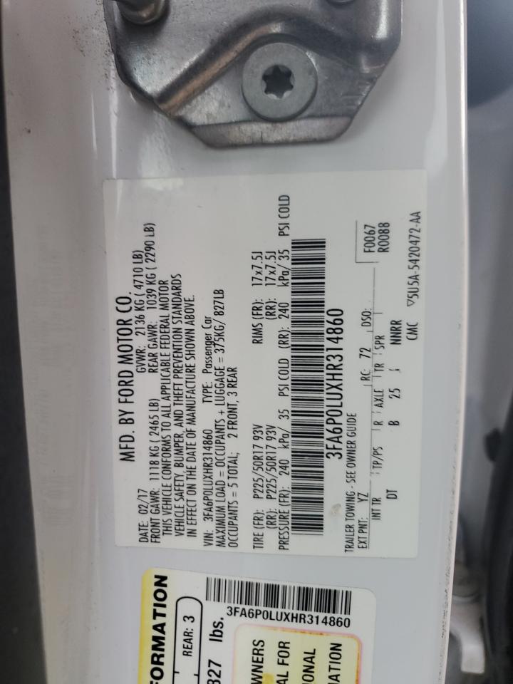 2017 Ford Fusion Se Hybrid VIN: 3FA6P0LUXHR314860 Lot: 70602035