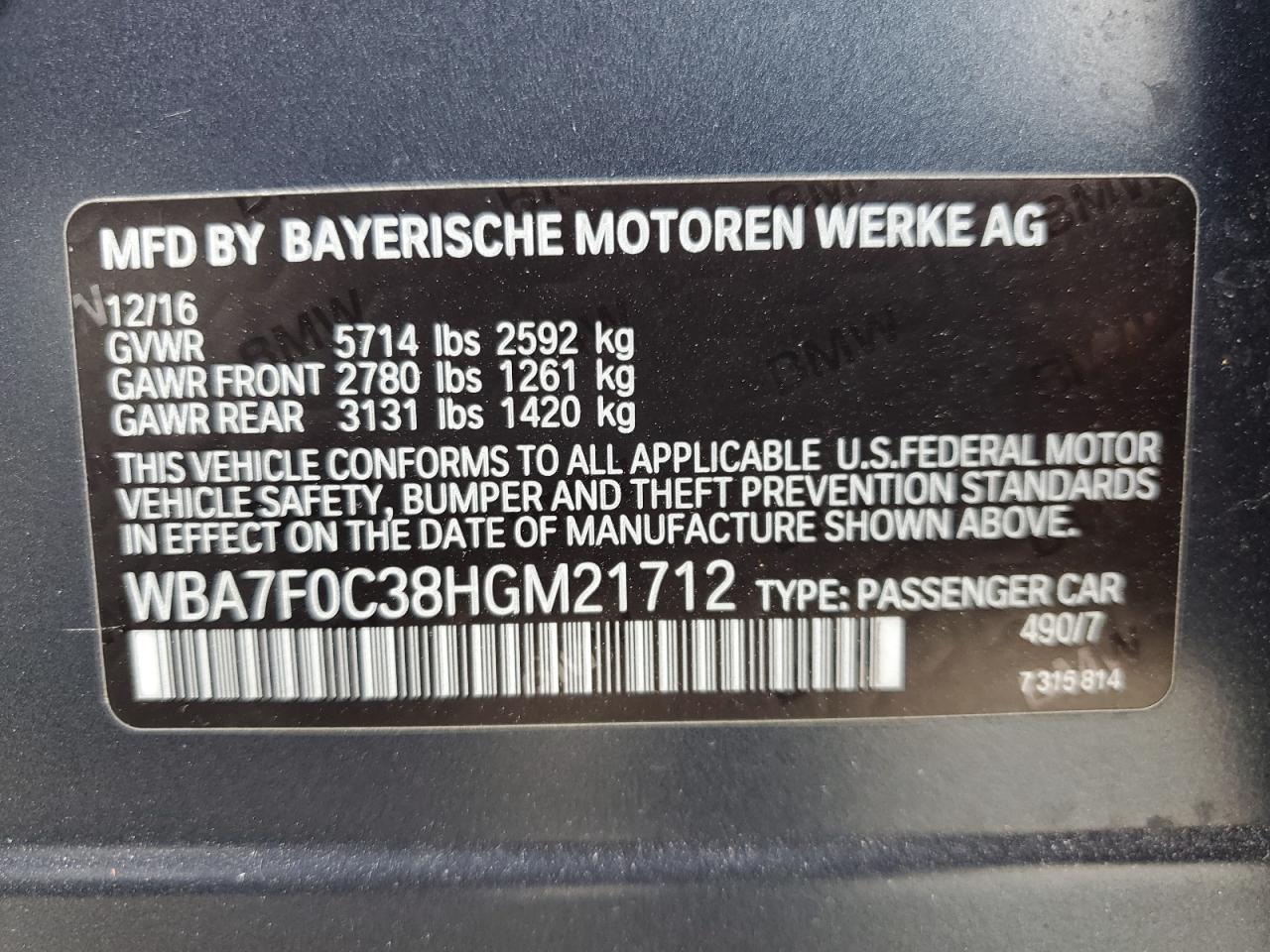 2017 BMW 750 I VIN: WBA7F0C38HGM21712 Lot: 68105075
