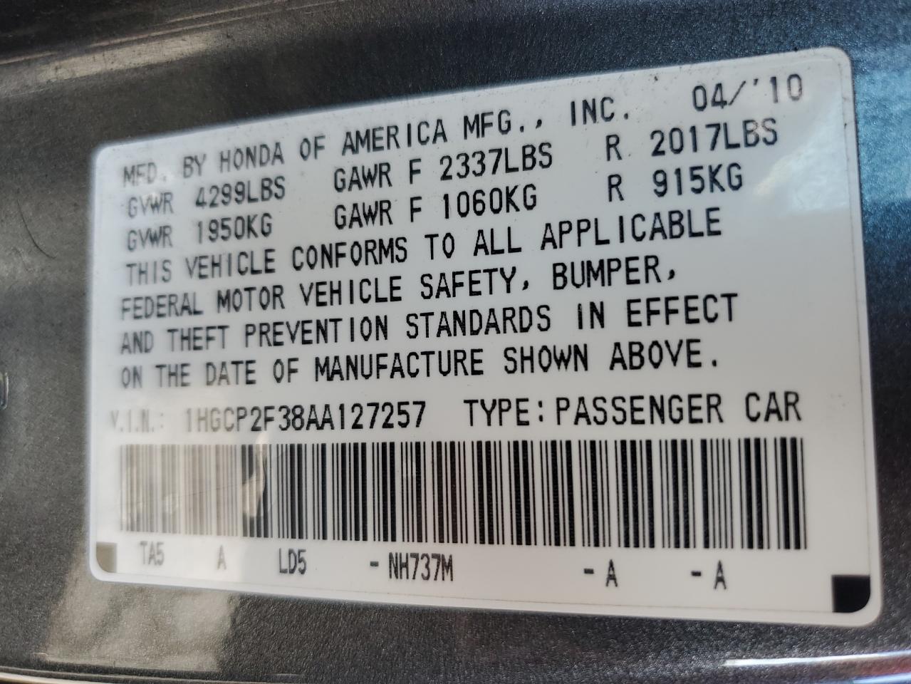 2010 Honda Accord Lx VIN: 1HGCP2F38AA127257 Lot: 69395275