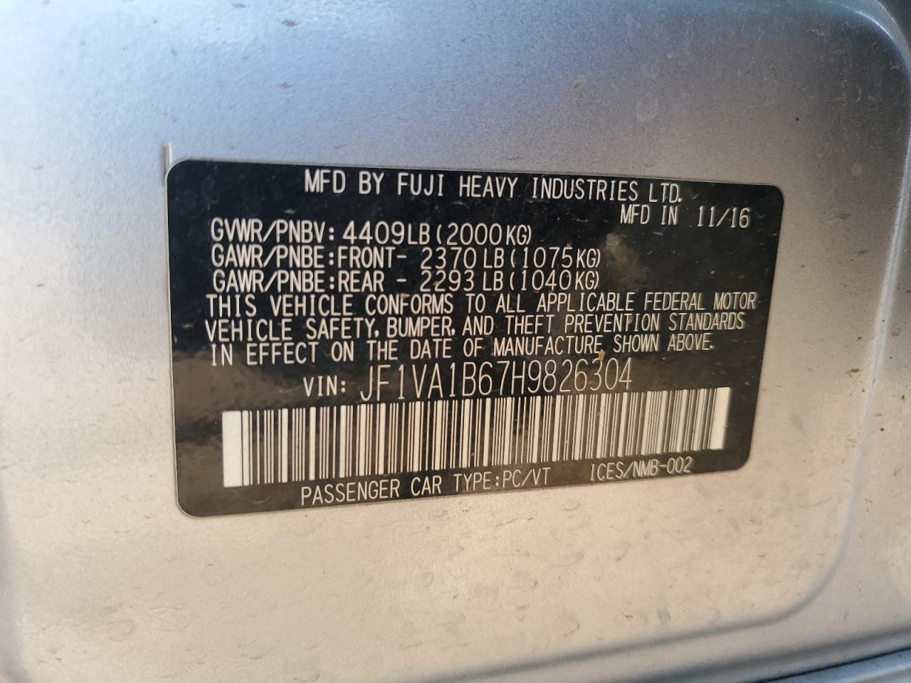 2017 Subaru Wrx VIN: JF1VA1B67H9826304 Lot: 69423885