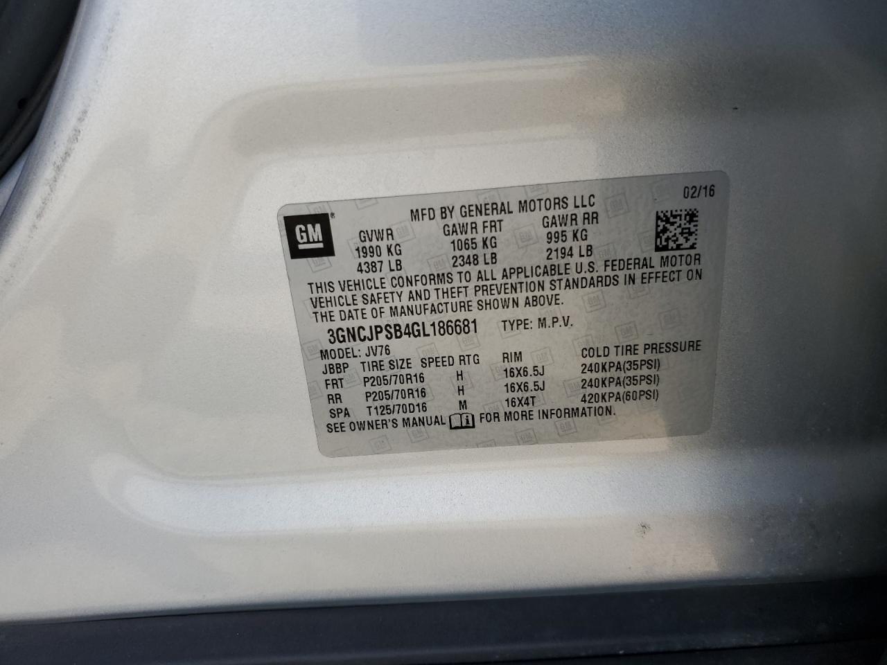 2016 Chevrolet Trax 1Lt VIN: 3GNCJPSB4GL186681 Lot: 70307835