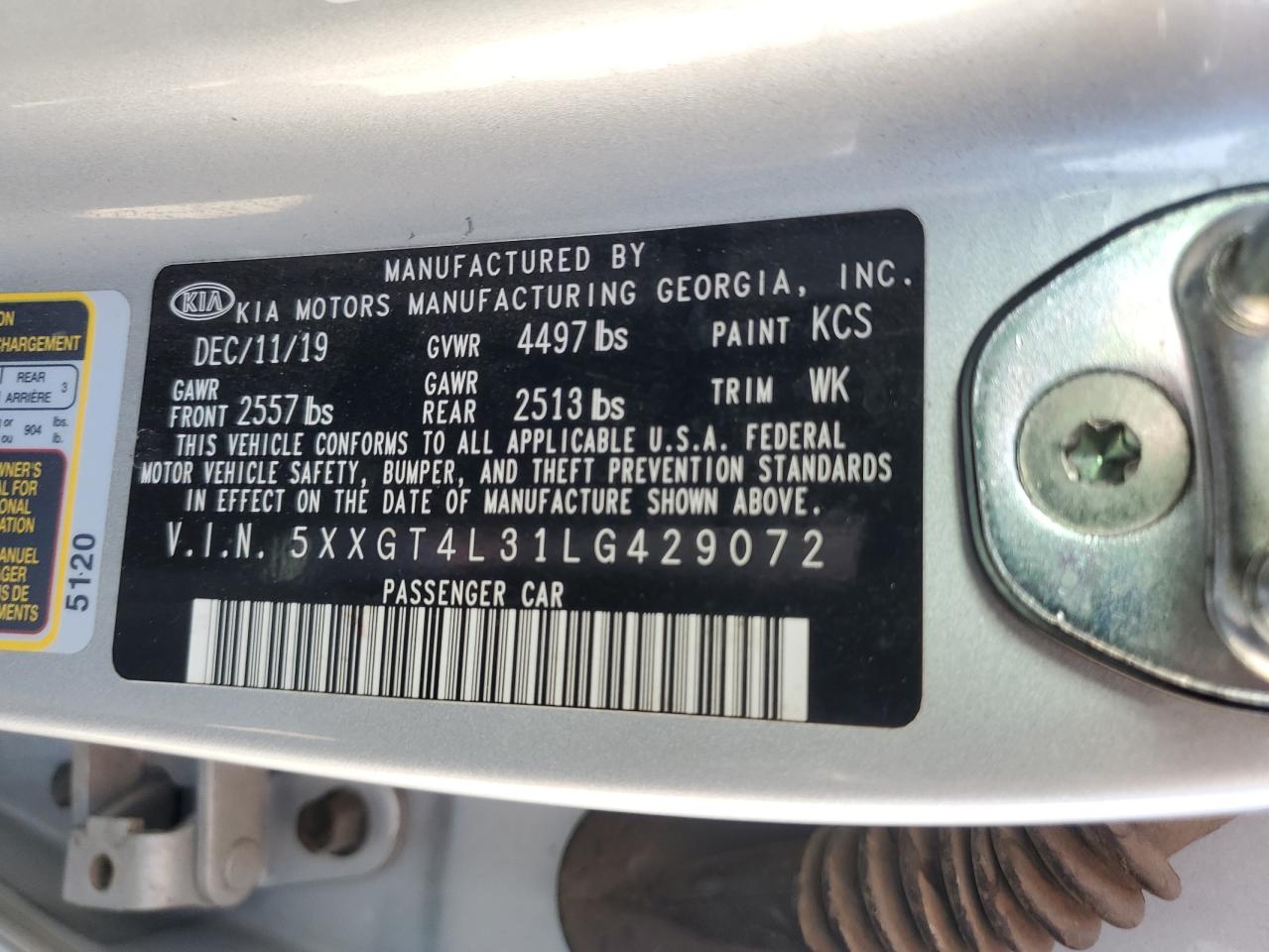 2020 Kia Optima Lx VIN: 5XXGT4L31LG429072 Lot: 68974475