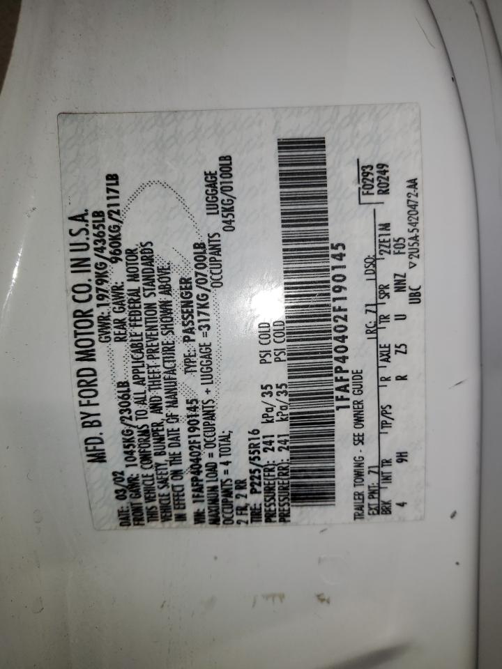 2002 Ford Mustang VIN: 1FAFP40402F190145 Lot: 70791935