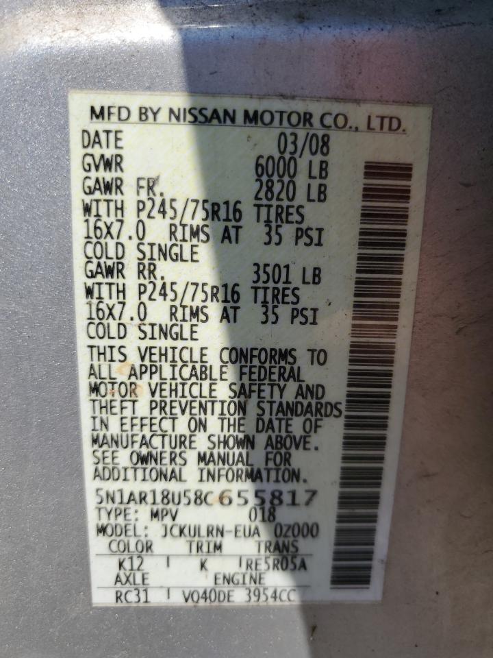 2008 Nissan Pathfinder S VIN: 5N1AR18U58C655817 Lot: 67815475