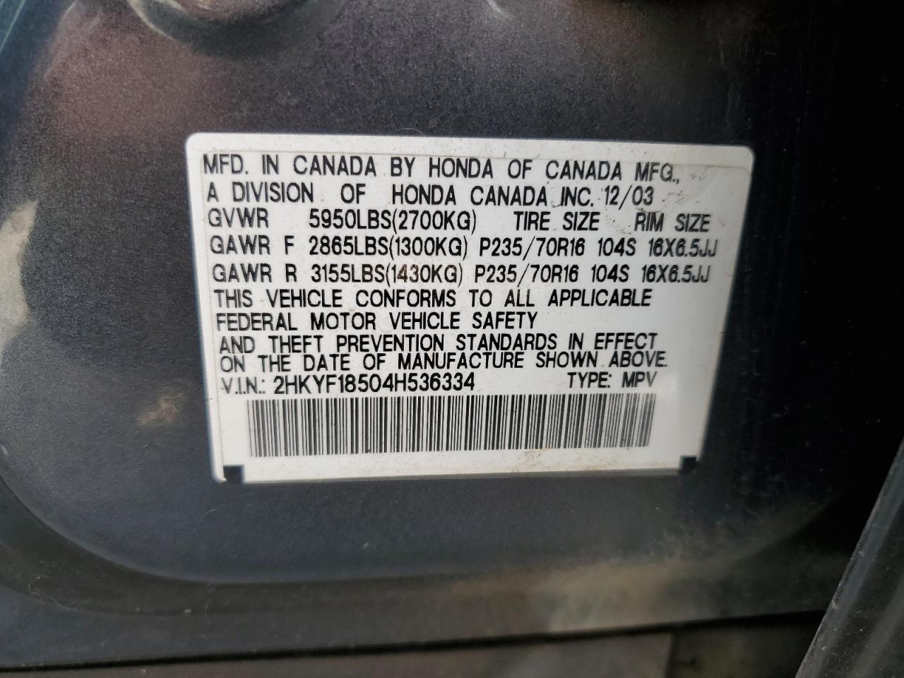 2004 Honda Pilot Exl VIN: 2HKYF18504H536334 Lot: 69434485