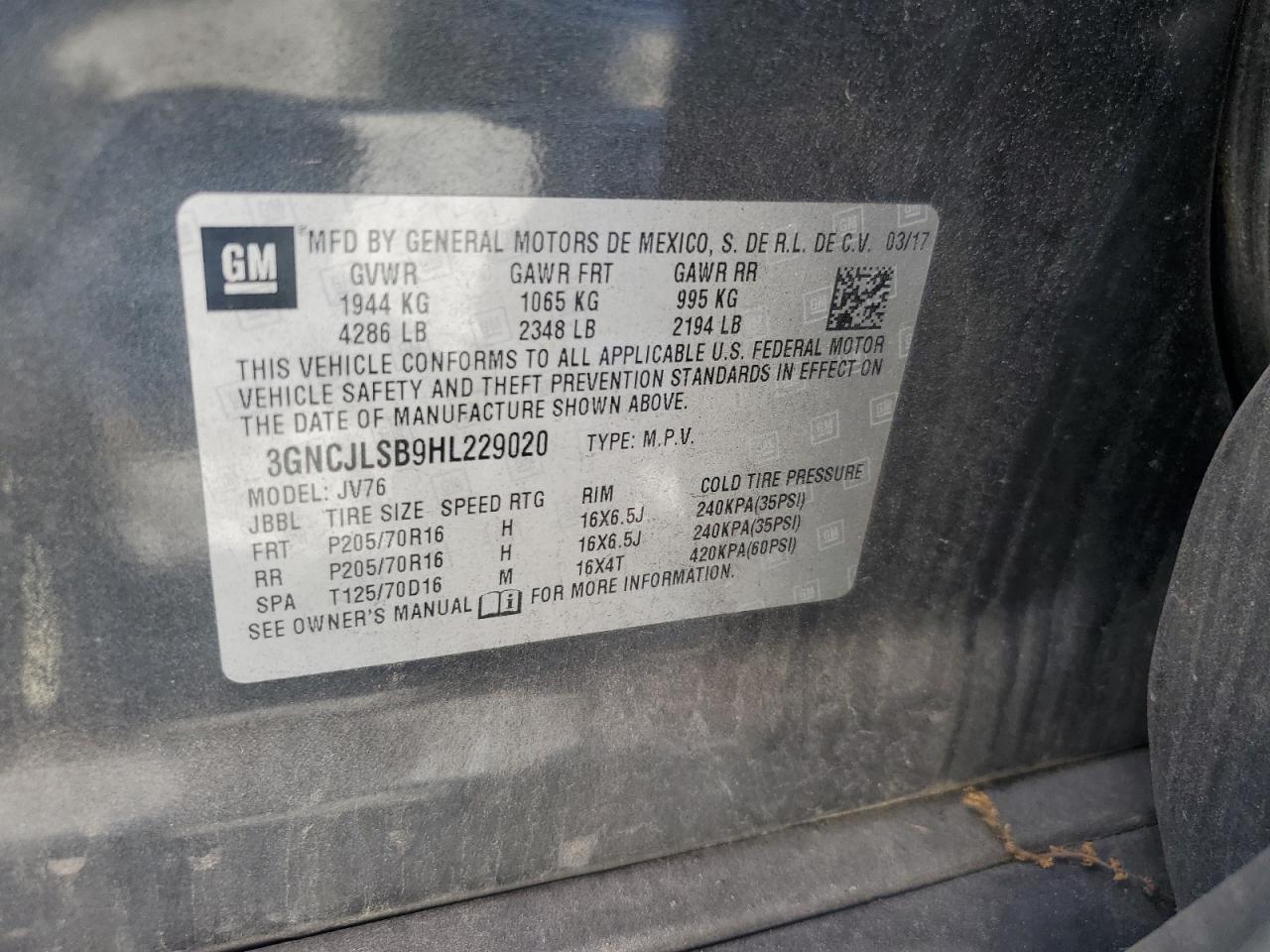 2017 Chevrolet Trax 1Lt VIN: 3GNCJLSB9HL229020 Lot: 69265875