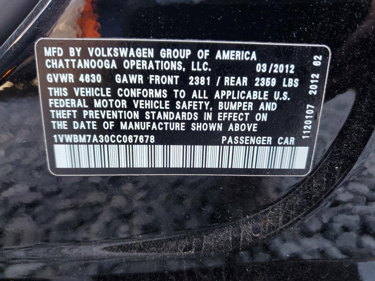 2012 Volkswagen Passat Se VIN: 1VWBM7A30CC067678 Lot: 69555785