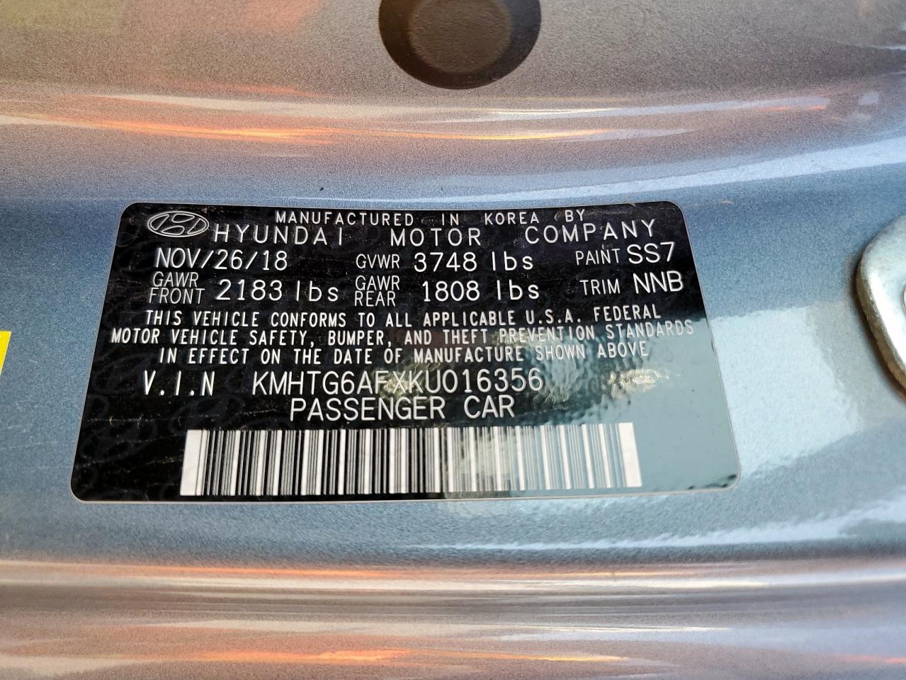 2019 Hyundai Veloster Base VIN: KMHTG6AFXKU016356 Lot: 70752835