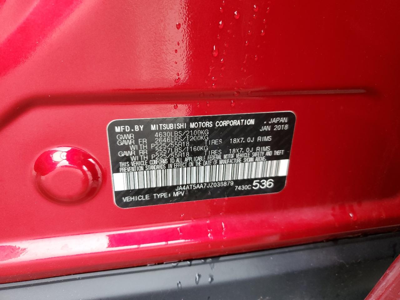 2018 Mitsubishi Eclipse Cross Se VIN: JA4AT5AA7JZ038879 Lot: 69956285