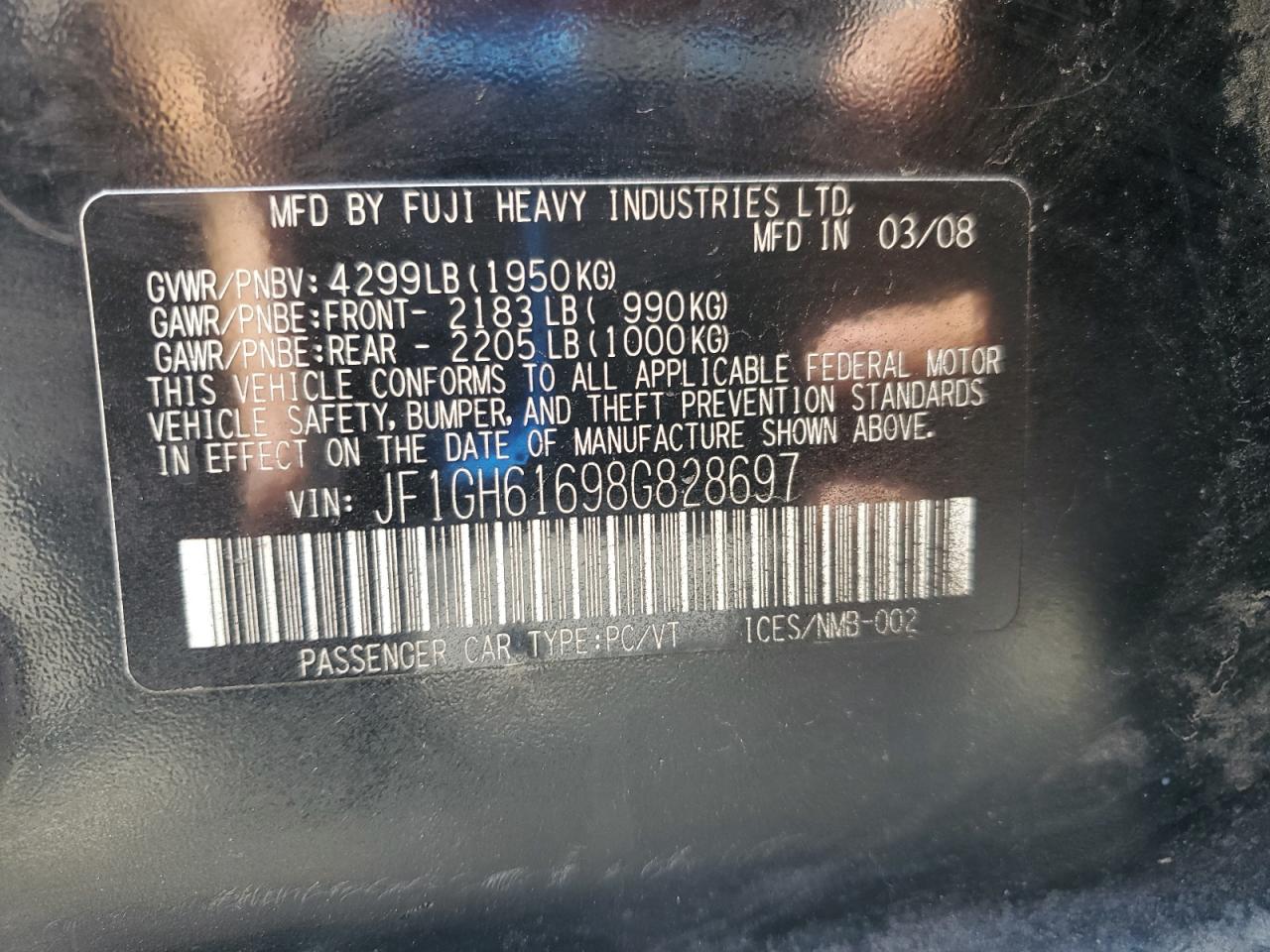 2008 Subaru Impreza 2.5I VIN: JF1GH61698G828697 Lot: 67861795