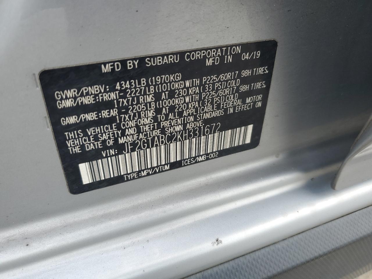 2021 Subaru Crosstrek VIN: JF2GTABC2KH331672 Lot: 67760195