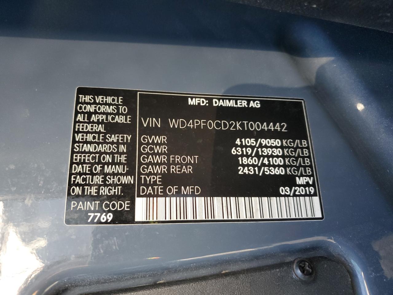 2019 Mercedes-Benz Sprinter 2500/3500 VIN: WD4PF0CD2KT004442 Lot: 69155655