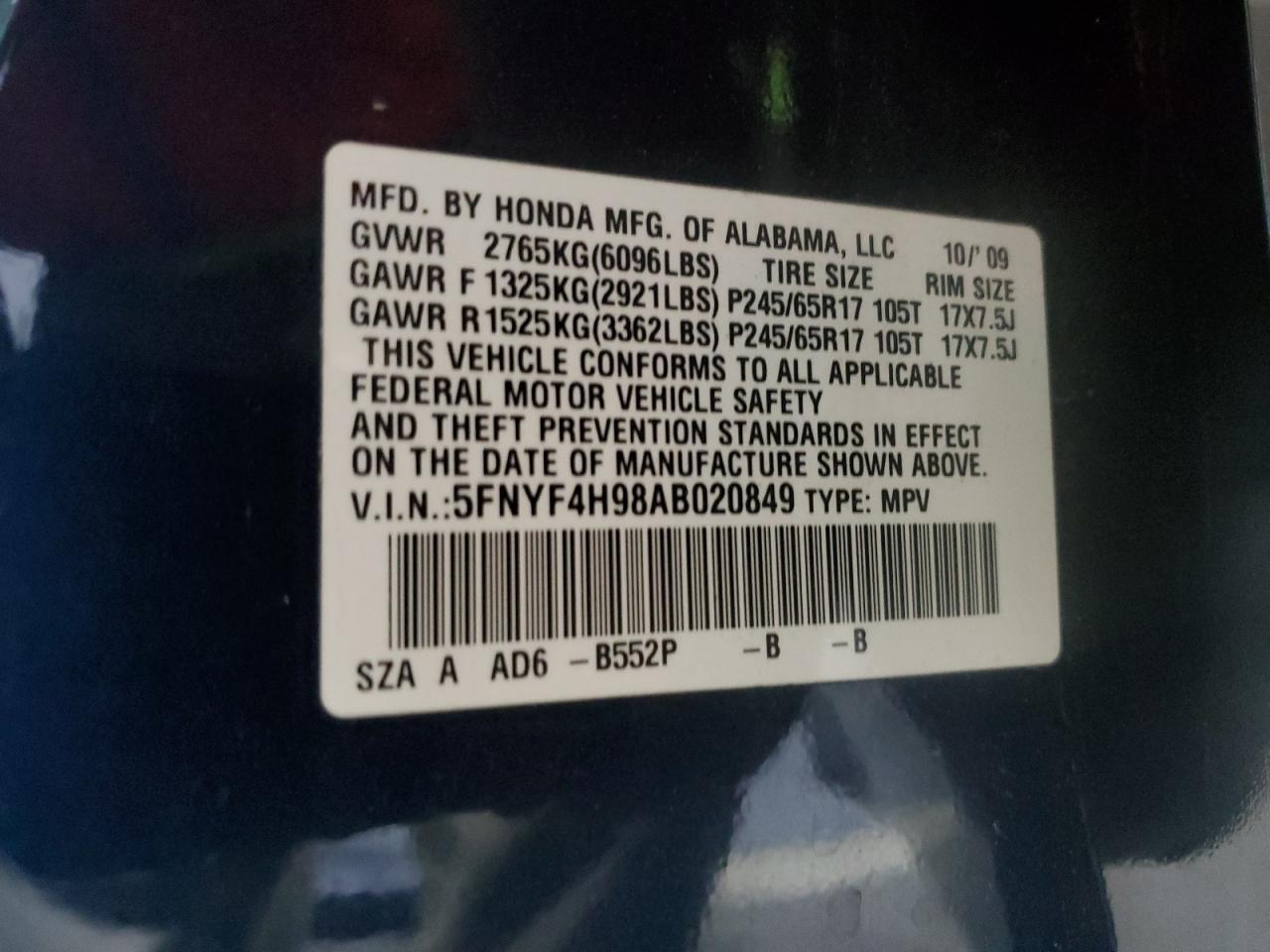 2010 Honda Pilot Touring VIN: 5FNYF4H98AB020849 Lot: 68003495
