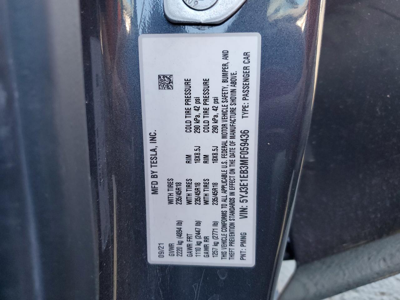 2021 Tesla Model 3 VIN: 5YJ3E1EB3MF059436 Lot: 69418675