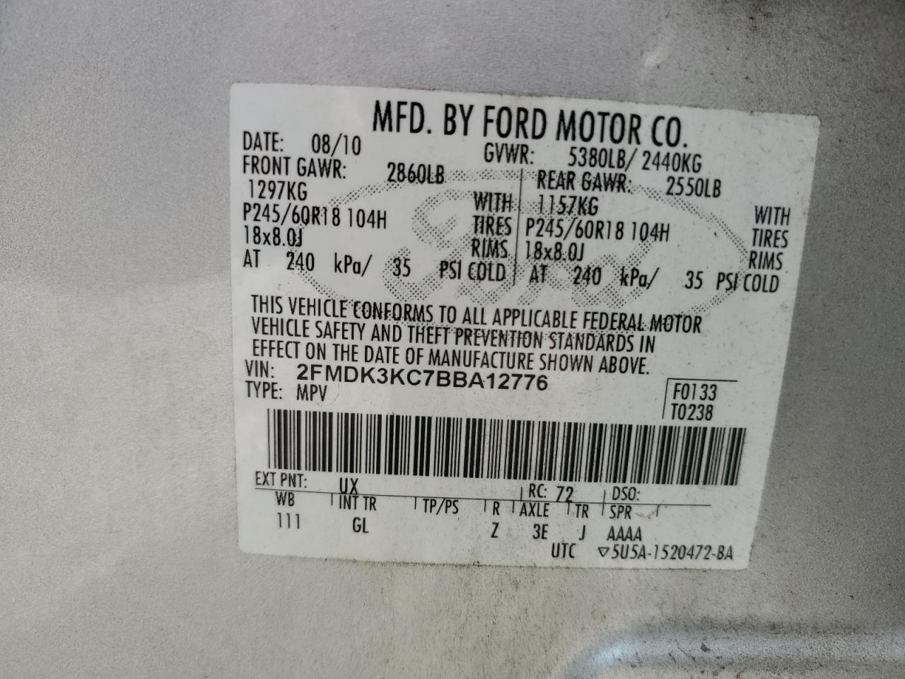 2011 Ford Edge Limited VIN: 2FMDK3KC7BBA12776 Lot: 70316405