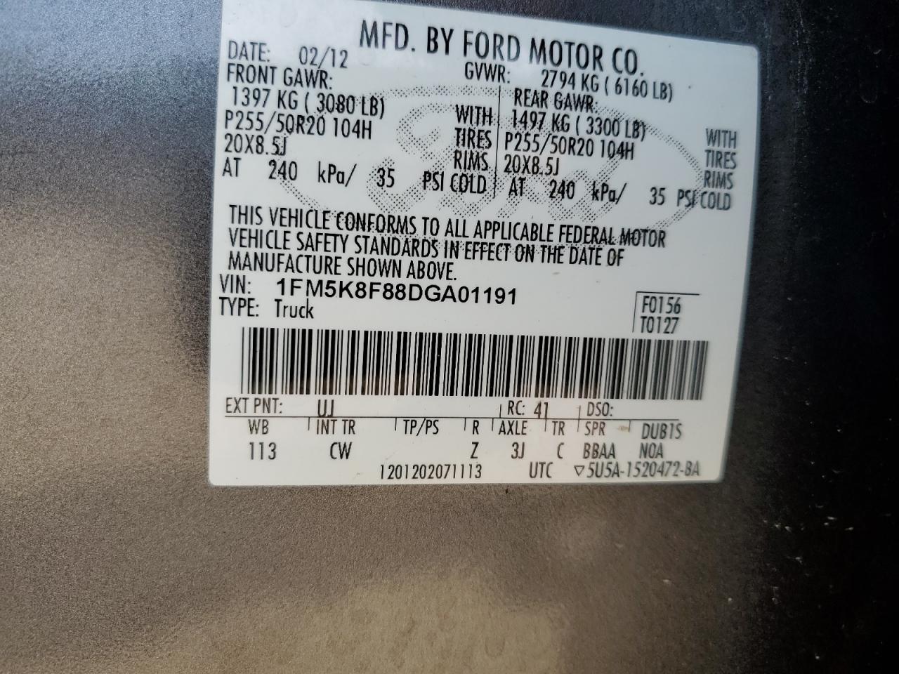 2013 Ford Explorer Limited VIN: 1FM5K8F88DGA01191 Lot: 69375985