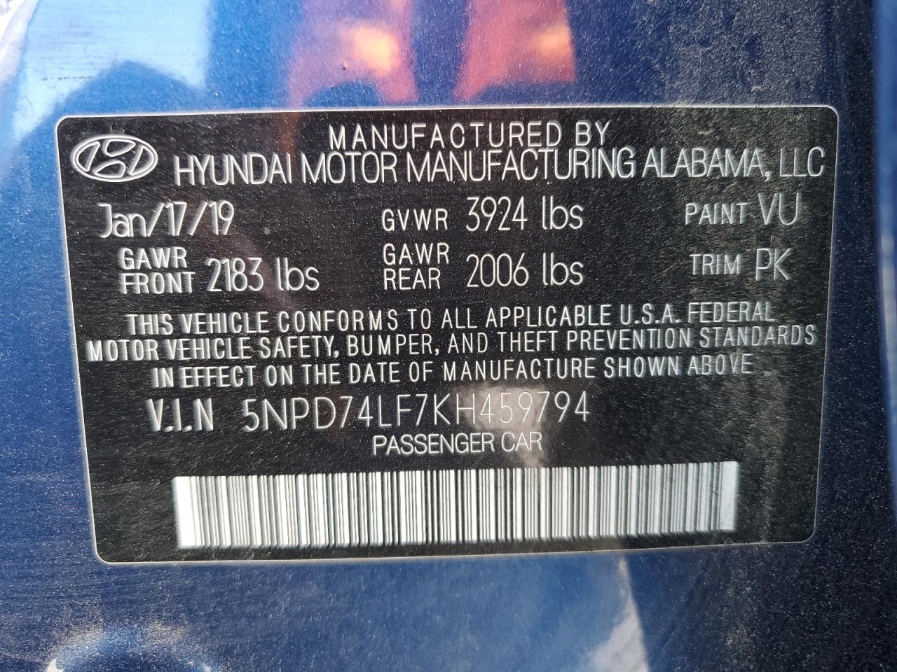 2019 Hyundai Elantra Se VIN: 5NPD74LF7KH459794 Lot: 67440955