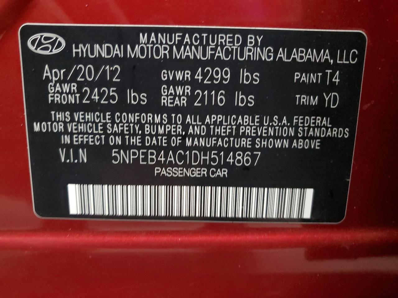 2013 Hyundai Sonata Gls VIN: 5NPEB4AC1DH514867 Lot: 68068125