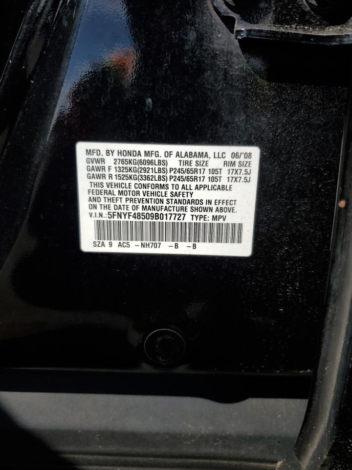 2009 Honda Pilot Exl VIN: 5FNYF48509B017727 Lot: 69060645