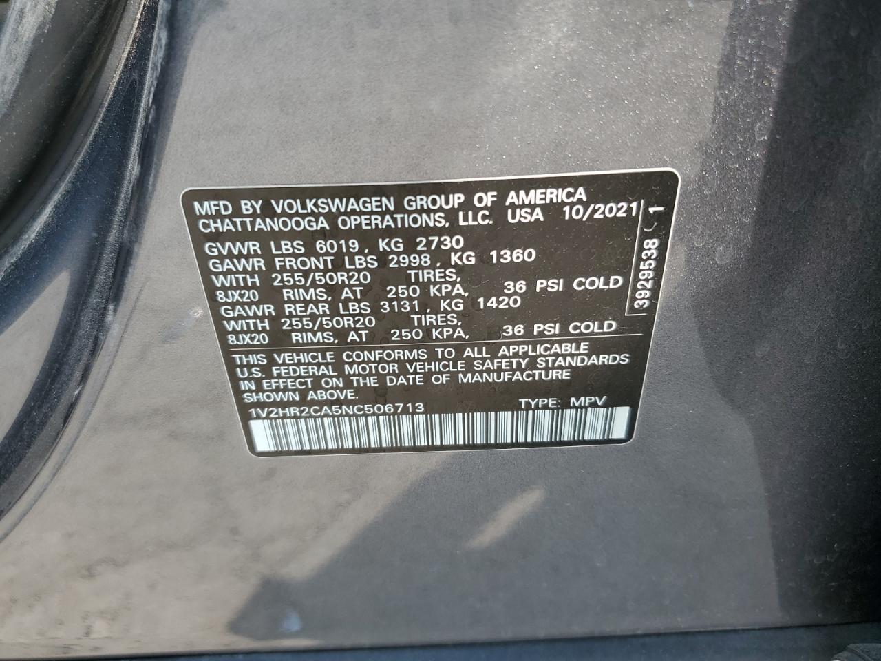 2022 Volkswagen Atlas Se VIN: 1V2HR2CA5NC506713 Lot: 69138165