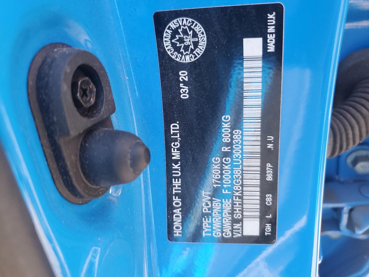 2020 Honda Civic Type-R VIN: SHHFK8G38LU300389 Lot: 68148895